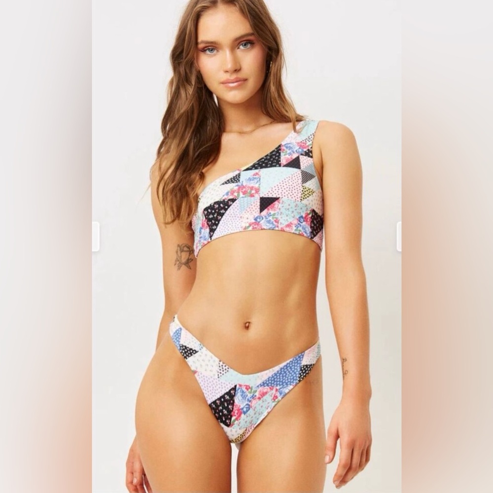 Frankie’s Bikinis Patchwork One-Shoulder Bikini Top + Bottom BNWOT